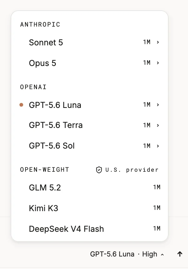 The model picker with Anthropic, OpenAI, and open-weight models, and GPT-5.6 Luna selected