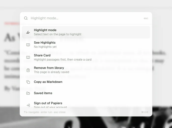The Papiers command palette open over As We May Think in Chrome