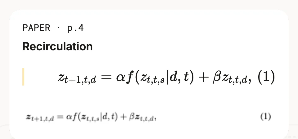 A context chip showing Recirculation's equation as typeset math, with the original PDF capture beneath it