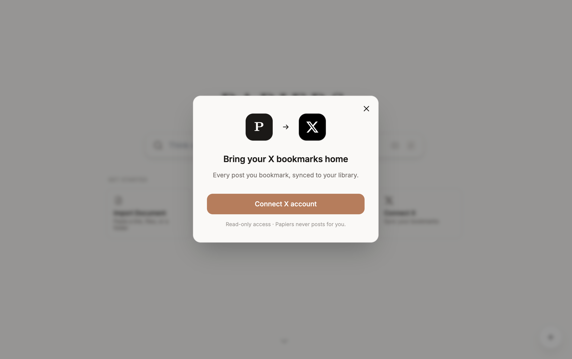The Connect X account dialog in Papiers with read-only access