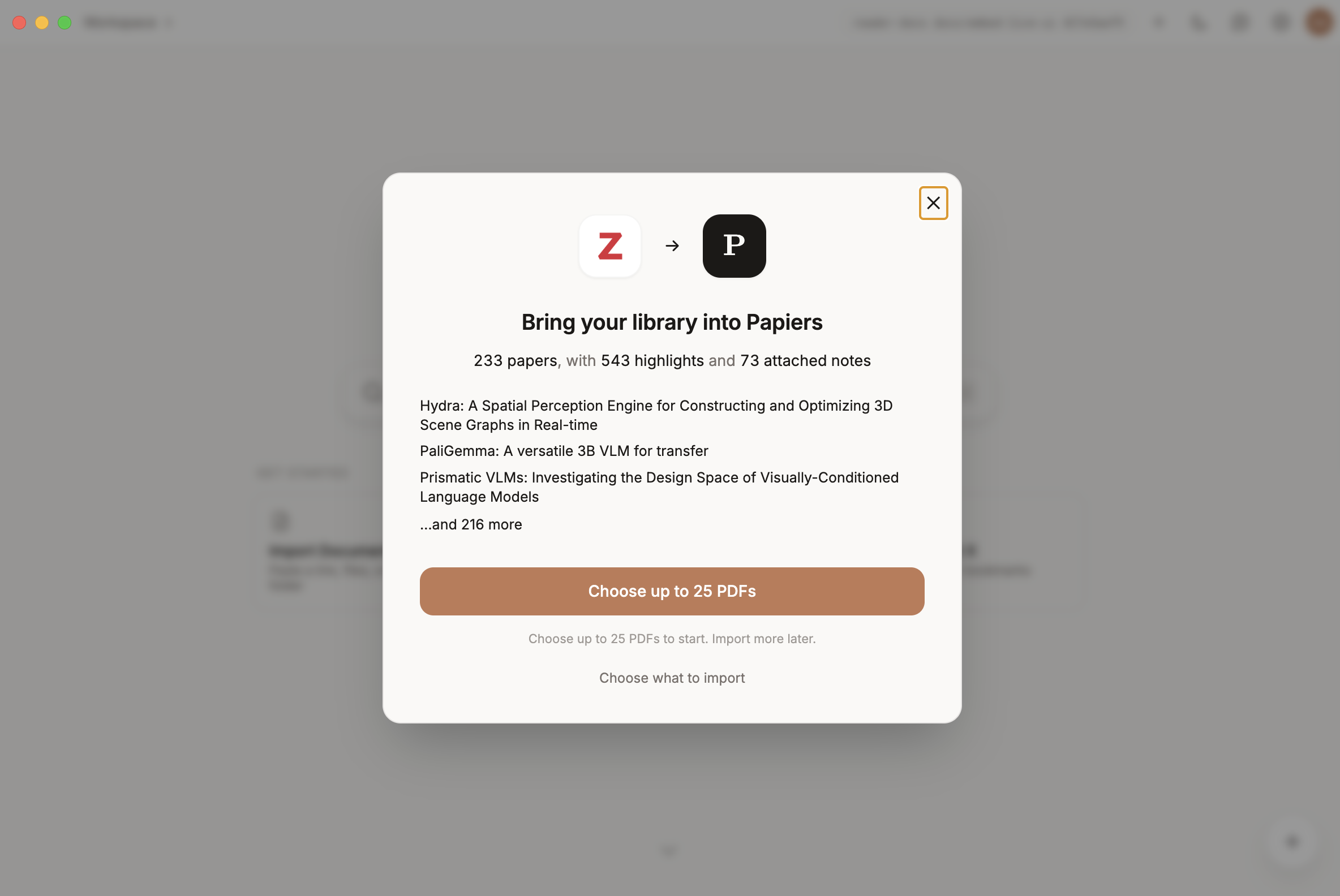 Zotero import preview showing 233 papers, 543 highlights, and 73 attached notes